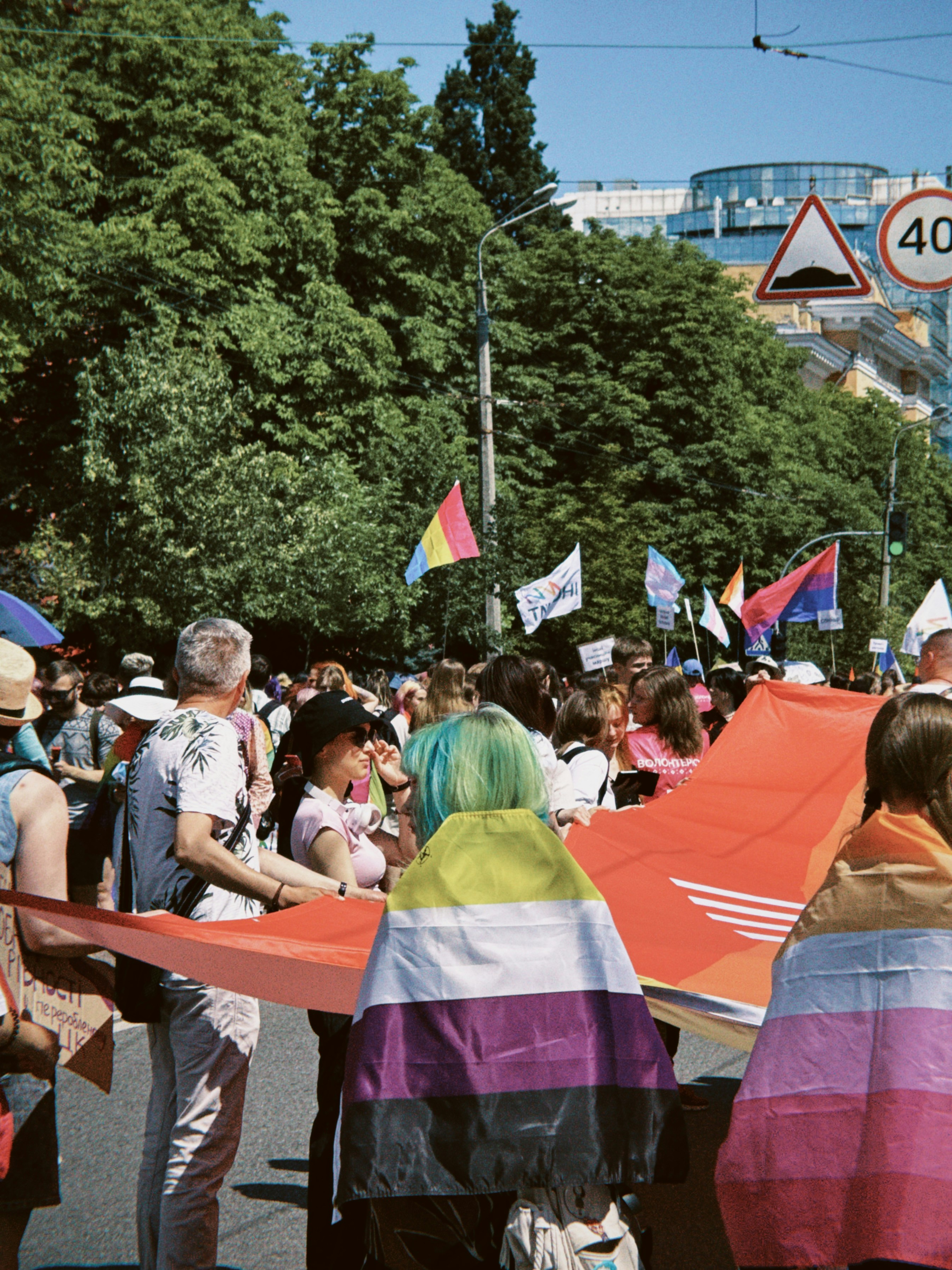 A diverse crowd with pride flags at an outdoor gathering.